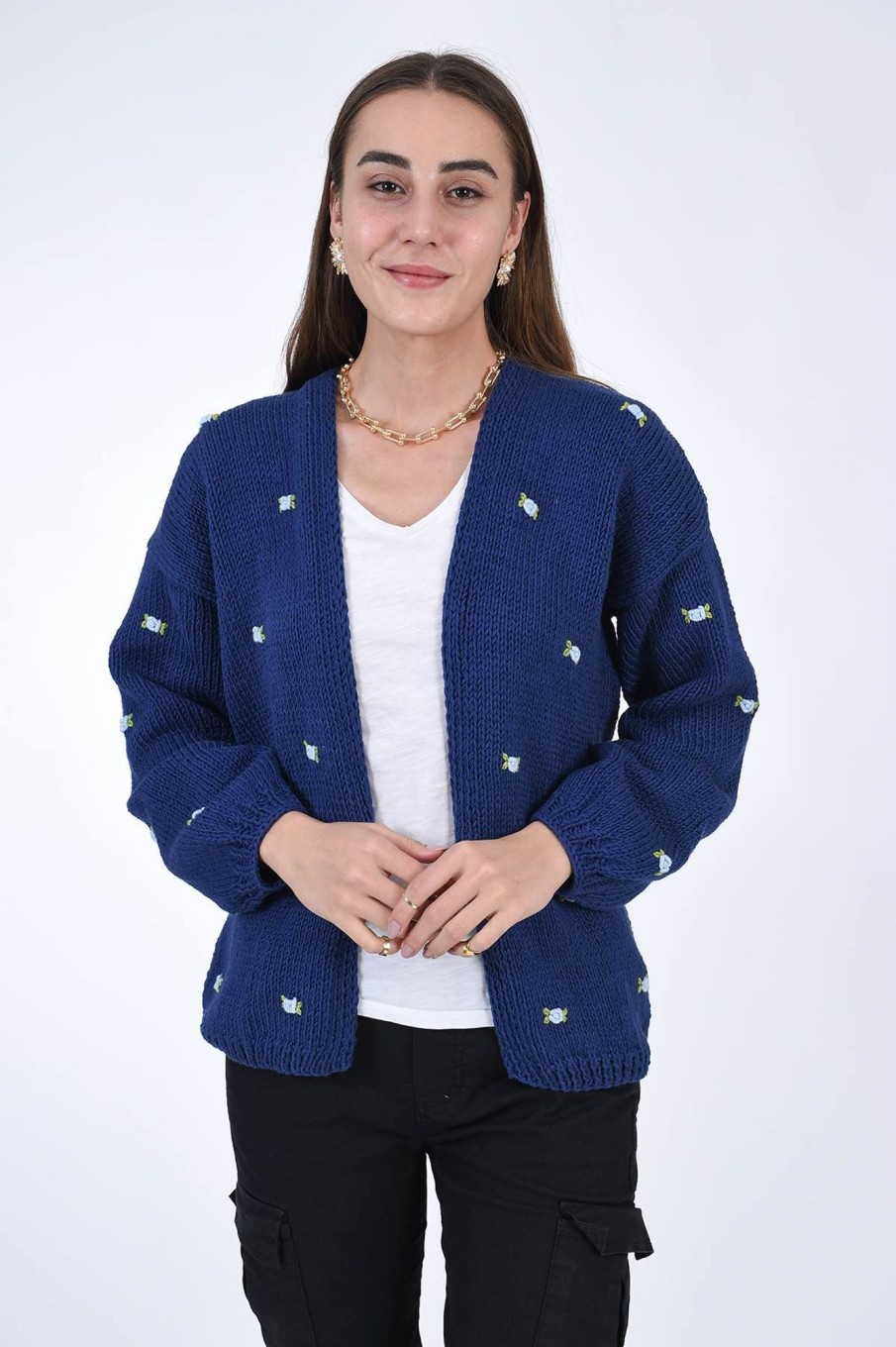 Women Fanm Mon | Winter Bloom Blue Rose Cotton Cardigan