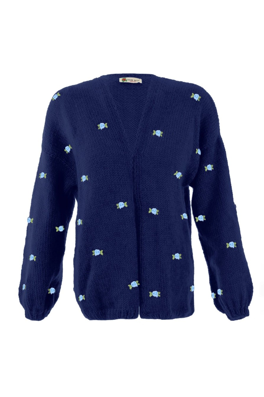 Women Fanm Mon | Winter Bloom Blue Rose Wool Cardigan