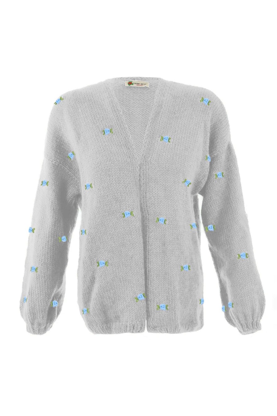 Women Fanm Mon | Winter Bloom Blue Rose Wool Cardigan