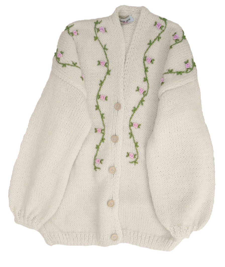 Women Fanm Mon | Jasmin Pink Bloom Button Front Wool Cardigan