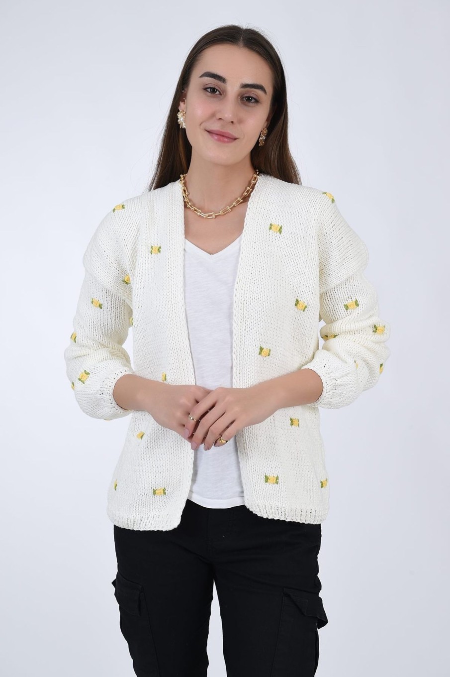 Women Fanm Mon | Winter Bloom Yellow Rose Cotton Cardigan