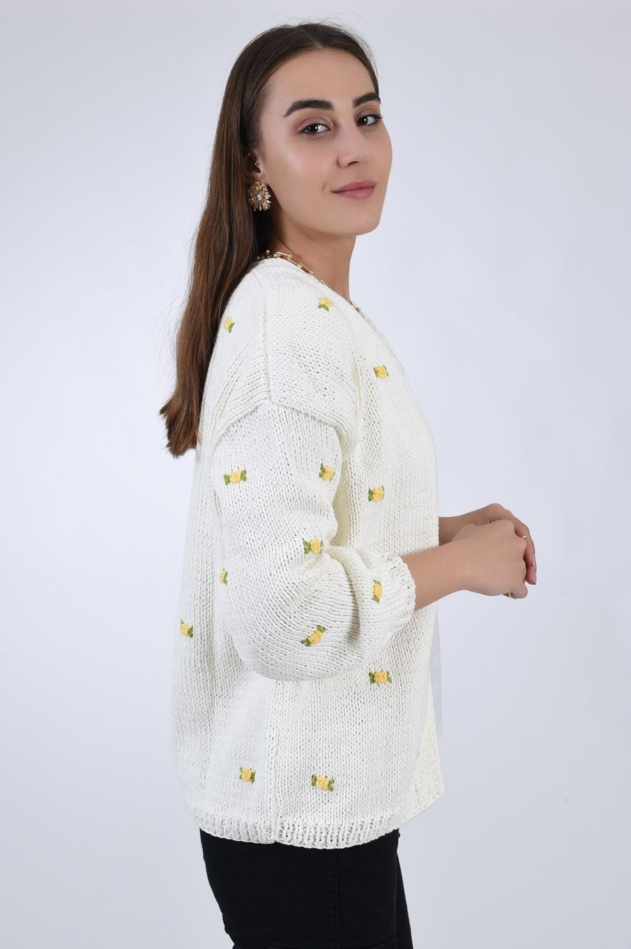 Women Fanm Mon | Winter Bloom Yellow Rose Cotton Cardigan