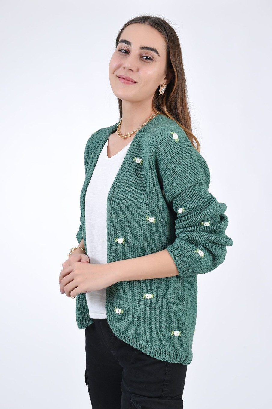 Women Fanm Mon | Winter Bloom White Rose Cotton Cardigan