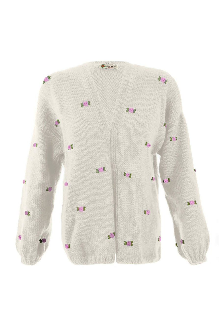 Women Fanm Mon | Winter Bloom Pink Rose Wool Cardigan