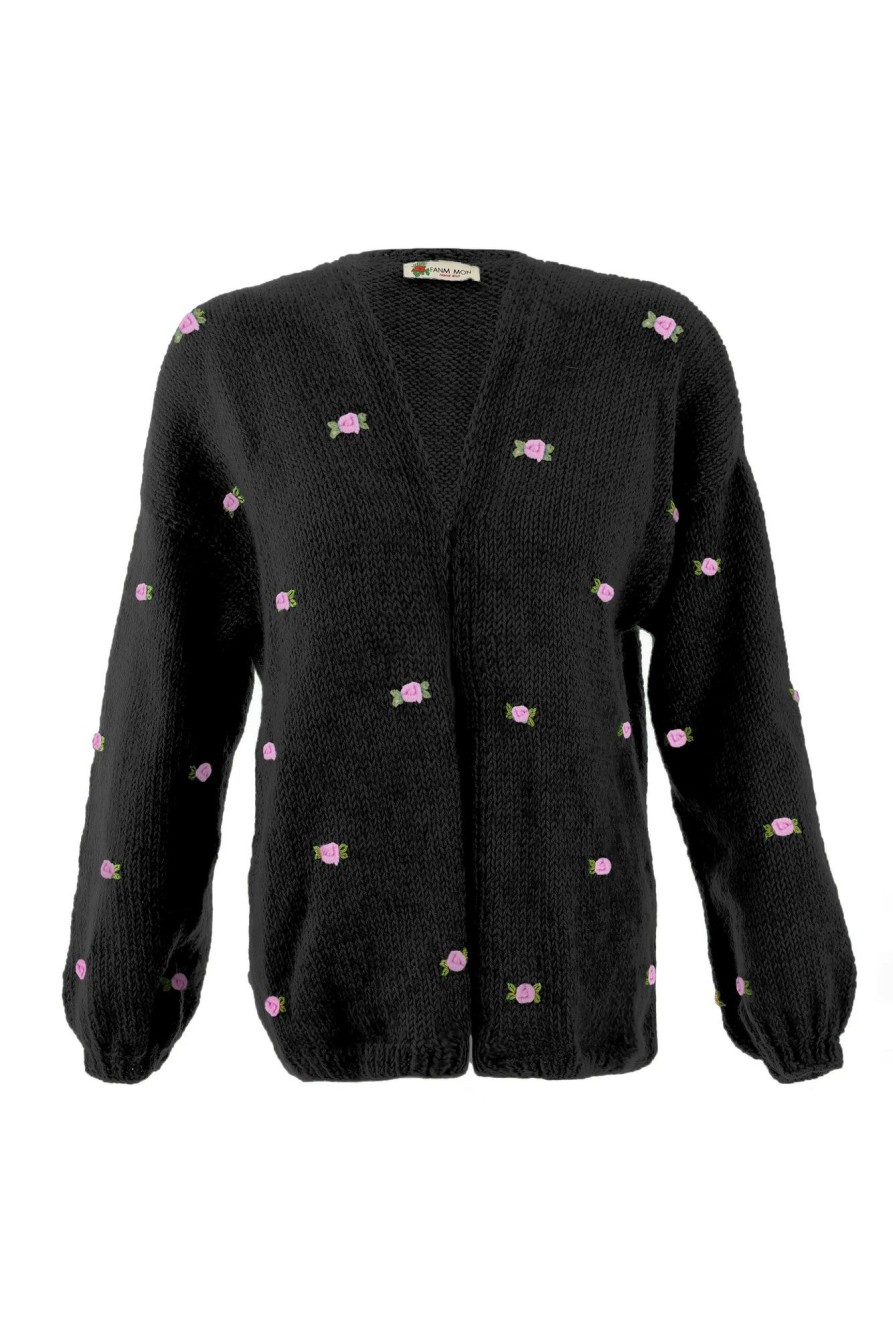 Women Fanm Mon | Winter Bloom Pink Rose Wool Cardigan